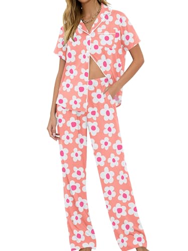 Image of SWOMOG Women Pajama Sets Two-Piece Nightwear Short Sleeve Sleepwear Button Down Pj Lounge Sets with Long Pants