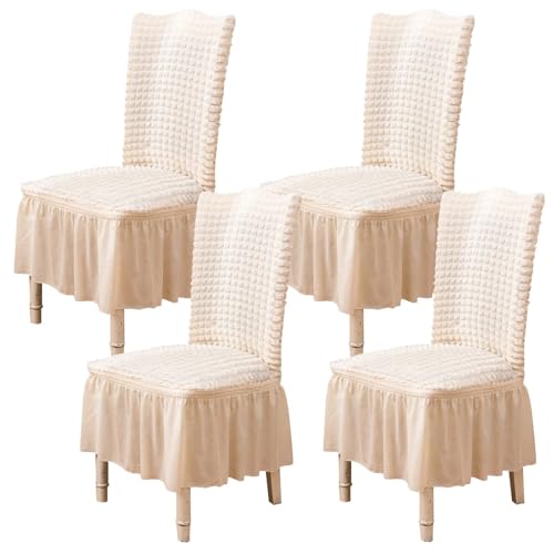 Qubjus Chair Covers for Dining Room Set of 4 Stretch Chair Slipcovers with Skirt Removable Washable Kitchen Chair Protector Cover Set for Home, Party, Wedding(Off-White, 4pcs)