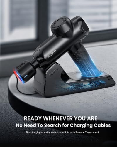 Image of RENPHO Power+ Thermacool Deluxe Massage Gun with Heat and Cold, 12mm Amplitude Deep Tissue Percussion Massager with Charging Stand, App Controlled Guided Course, 6 Speeds