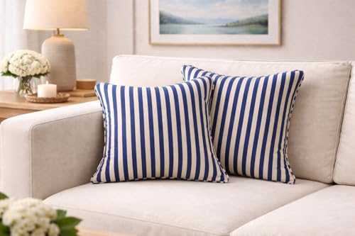 Image of 100% Cotton - Royal Blue Stripes Cushion Covers Set of 1 (16 x 16 inches) - Cushion Covers for Sofa & Living Room Decor