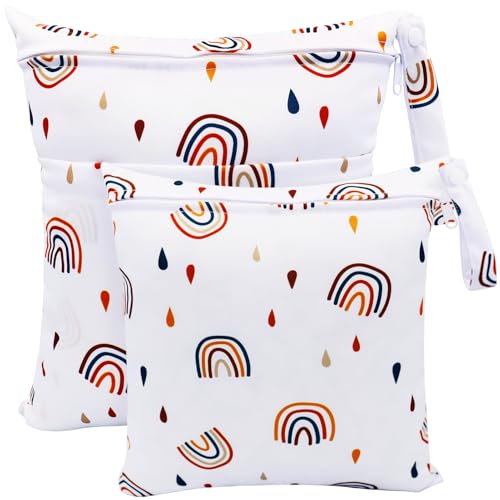 FenFang Wetbag Kindergarten, 2 Stück Nasstaschen Windeltasche Stoffwindeln Nassbeutel Organiser Beutel Wickeltasche Taschen Wasserdicht Wiederverwendbar( Weißer Regenbogen)