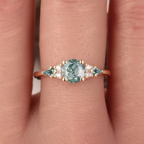 Vintage Moss Agate & Moissanite Cluster Ring | Round Kite-Cut Green Agate in Solid Gold | Dainty Engagement, Wedding, or Bridal Ring for Women3