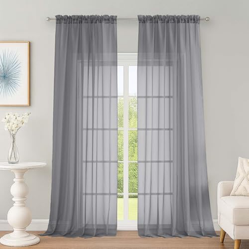 Image of OWENIE Extra Long Grey Sheer Curtains 96 Inches Long 2 Panels Set, Soft Lightweight Airy Voile Sheer Curtain for Bedroom Living Room, Rod Pocket Solid Color Farmhouse Curtains, 59 inch Wx96 L Inch