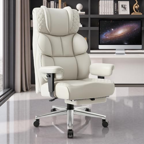 Image of BestGlory Office Desk Chair, Big and Tall Leather Gaming Chair with Footrest, Ergonomic Comfy Executive High-Back Reclining Computer Chairs, Wide Swivel Rolling Wheels and Padded Lumbar Support, White