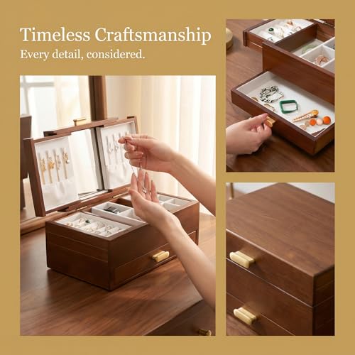 Image of Multi Layer Jewelry Organizer Desktop Storage Box 21.5''L | Made of Solid Wood with Soft Velvet Lining | Multi Layer Drawers with Built in Mirror | Large Capacity Storage | Ideal Gift