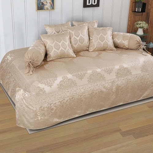 Image of Victor Polycotton Diwan Set 8 Pcs with 5 Pillows & 2 Bolster Covers | Damask Geometrical Printed Diwan Set for Living Room Hall | Comfort & Elegant Decor | Durable & Washable Design | Brown, Fawn