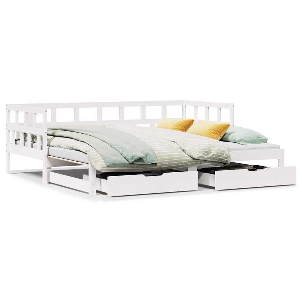 Rozkładane łóżko dzienne z litego drewna sosnowego, sofa 2 w 1 z 2 szufladami do przechowywania, biała rama łóżka 90 x 200 cm, uniwersalny mebel bez materaca, pokój gościnny i salon