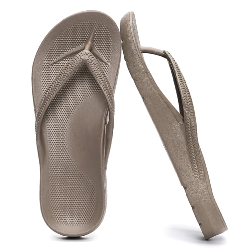 GETOEU Flip Flops for Women and Men with Arch Support Comfortable Slide Sandals Slip Resistant Shower Shoes Walking Thong Sandals,Brown,12.5-13 Women/11.5-12 Men