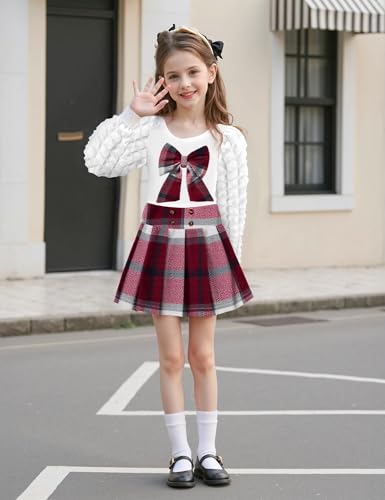 Toddler Girl Clothes Puff Long Sleeve Knit Top and Plaid Skort Set with Bowknot 2PC Girls Fall Outfits 2-8 Years3