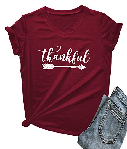 DANVOUY Women's Summer Casual Letters Printed T-Shirt Short Sleeves Graphic V-Neck Tops Wine Red Medium