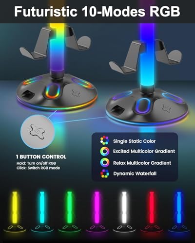 Gaming Headphone Stand - Controller Stand with 10 RGB Lights Modes - Gaming Headset Controller Holder with USB Charging and Type-C Earphone Accessories Storage PC Desk - Image 3