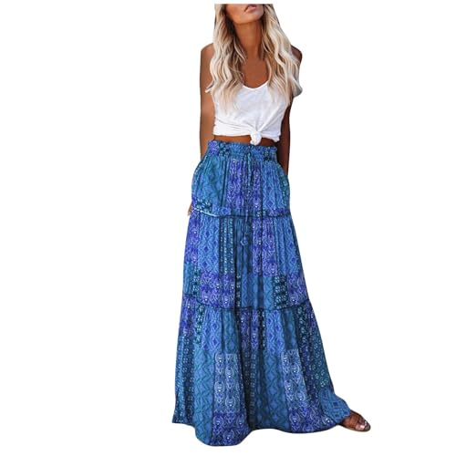 Lpmadey Women Bohemian Style Ruffle Long Skirts Chiffon Summer Beach Pleated Elastic High Waisted Maxi Skirts with Pockets