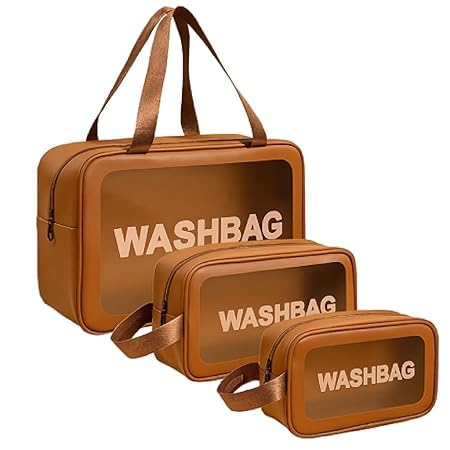 Image of Makeup Pouch Bag PVC Travel Toiletries Organizer Cosmetic Bags Wash Bag Pouch for Travel Kit Toiletry Bag Portable Organizer Case Carry Pouch for Women Bathroom Set of 3 (Brown)