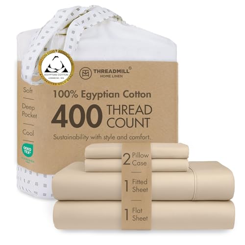 Threadmill Egyptian Cotton Sheets for King Size Bed | 100% Certified Egyptian Cotton King Bed Sheets Set | Snug Fit Elastic Deep Pocket King Sheets Soft, Breathable All Season Solid Sateen | Beige