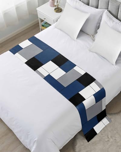 Navy Blue Grey Bed Runner for Twin Size, Modern Blue Geometric Bedspread Protector Slipcover Bed Scarf for Foot Runners & Scarves for Bedroom Hotel Wedding Room 71x20 Inches