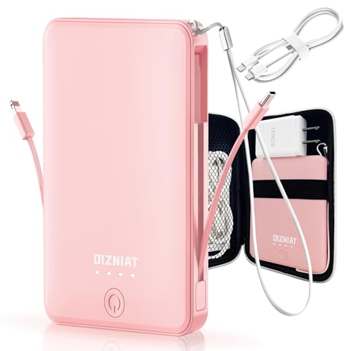 OIZNIAT Power Bank Portable Charger 10000mAh, Ultra Slim PD 22.5W Fast Charging with Built in USB C and ?Lightning Cable, 4 Outputs Power Bank for iPhone 11/12/13/14/15/16 Android Samsung - Pink