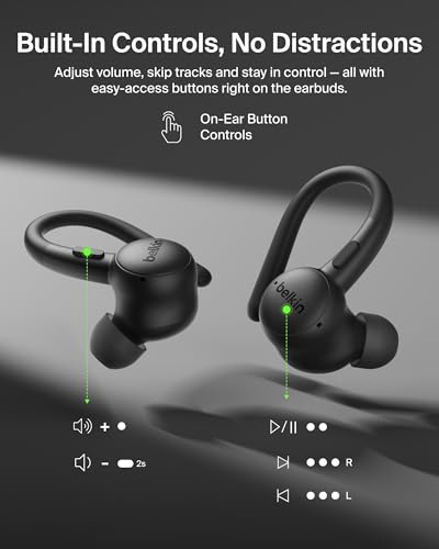 Image of Belkin SoundForm ActiveFit Wireless Earbuds w /Built-in Microphone, USB C Fast Charging, 36H Battery Life, IP54 Water Resistance - Bluetooth Earbuds for iPhone, iPad, Galaxy, Pixel, & More - Black