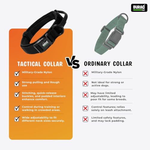 Image of Buraq Tactical Dog Collar, Adjustable Military-Grade Nylon with Handle & Heavy Metal Buckle, Dog Belt for Medium & Large Dogs (Parent) (Black, L)