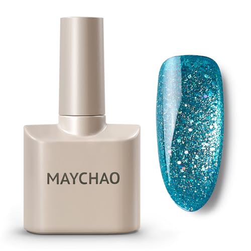 MAYCHAO Glitter Gel Nail Polish, 15ML Mermaid Blue Glitter Nail Varnish, Soak Off UV LED Mermaid Blue Sequins Gel Polish Nail Art Starter Manicure Salon DIY at Home, 0.5 OZ