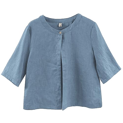 Amazhiyu Women Pure Linen Open Front Cropped Cardigan Elbow Sleeve Summer Jacket