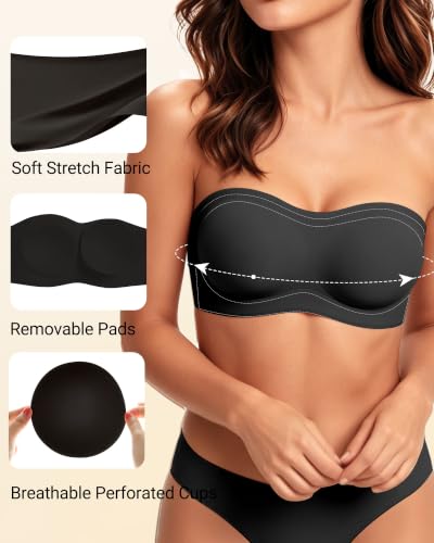As Fairy Strapless Bras for Women Push Up Jelly Support Non Slip Bandeau Bra Wireless No Underwire Seamless Padded Tube Bra Black 34B — view 3
