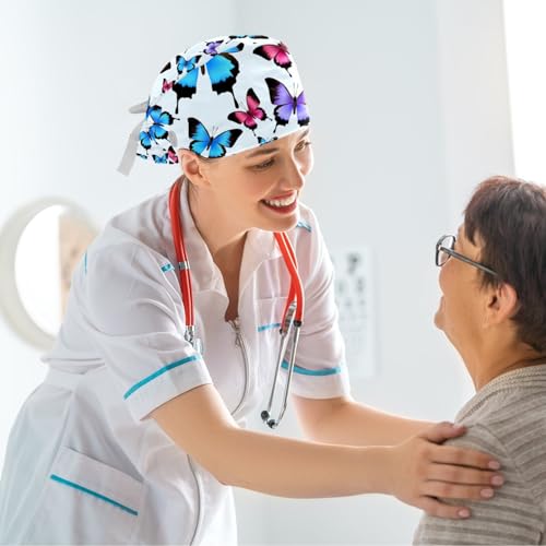 Image of Colored Butterflies Scrub Caps Women, Adjustable Working Cap with Button, Surgical Caps with Bow Hair Scrunchy
