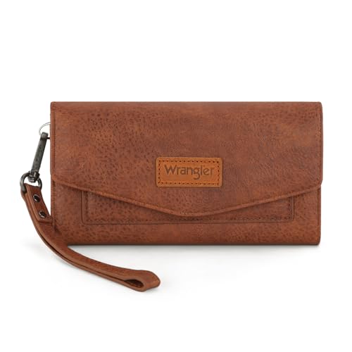 Montana West X Wrangler Brown Wallet Women Rfid Large Wristlet Trifold Women's Wallets Card Cases & Money Organizers with Detachable Wrist Strap