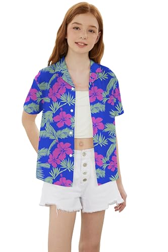 Image of Betusline Girls' and Womens' Hawaiian Shirt Blouse Button Down Beach Shirts | Casual breathable and comfortable Short Sleeve V-Neck Floral Tropical Blouse