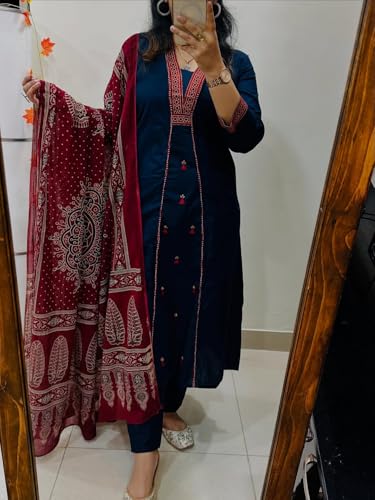 Image of ANNI Designer Navy Blue Pure Cotton A-Line Kurta Pant Dupatta Set for Women | Embroidery 3 Piece Suit with Straight Pants & Matching Dupatta | Festive Office Ethnic Wear