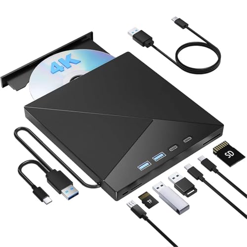 Unidad de BLU-Ray Externa 4K, Reproductor CD, DVD +/-RW, grabadora portátil, Unidad óptica con Ranuras for Tarjetas SD y TF USB 3.0 Tipo C