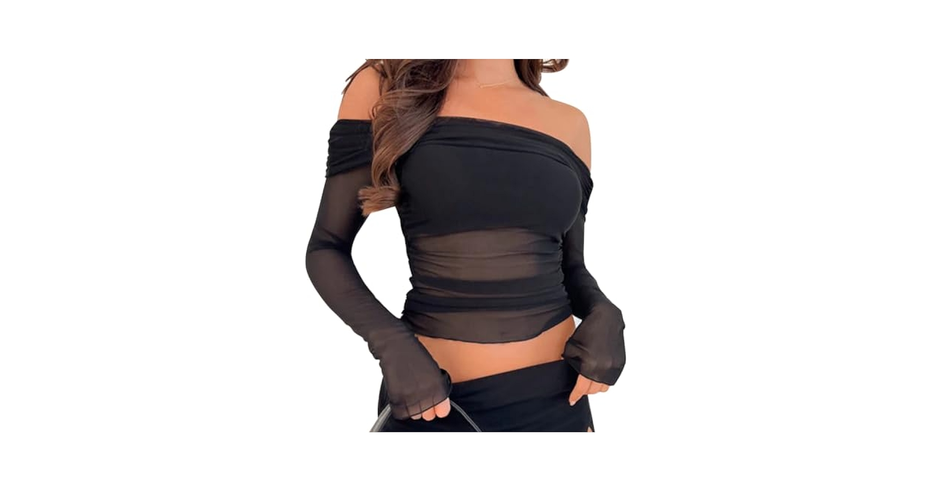 トップス SHEER VELOUR POWER SHOULDER TOPS Everly Sheer Mesh Off Shoulder Top - Dark Navy | MESHKI US