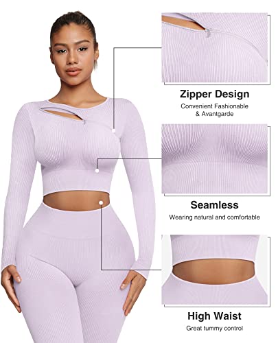 Feelingirl Workout Sets For Women 2 Piece Yoga Outfits High Waist Seamless Leggings Long Sleeve Crop Top Pants Set X-Large #TOP1