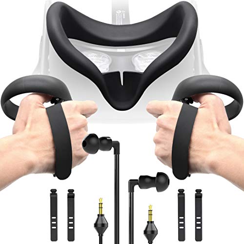 Accessories Bundle for Oculus Quest, Kit with Silicone Mask Pad Cover, Controller Knuckle Grip Strap, One-Side Headphones and Cable Clip Organizer for Oculus Quest
