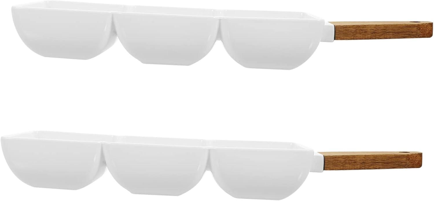2Pcs Nordic Ceramic Snack Bowl with Wooden Handle Three-Compartment Serving Dish for Fruits Nuts and Salads Creative Food Storage Plate for Home Use