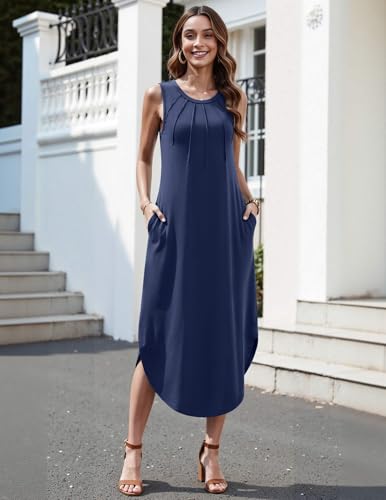 Image of Zeagoo Women Floral Summer Casual Beach Printed Tank Dress with Pockets Pleated Front Long Dress