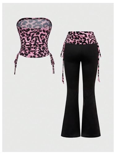 Image of RoseSeek Women's 2 Piece Outfits Rhinestone Leopard Tube Tops & Side Drawstring Bell Bottoms Y2k Outfit