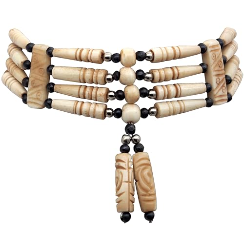 outROAR Gear American Indian Style Bone Choker Necklace, 4 Row Tan Traditional Hairpipe Beads, Unisex Adjustable