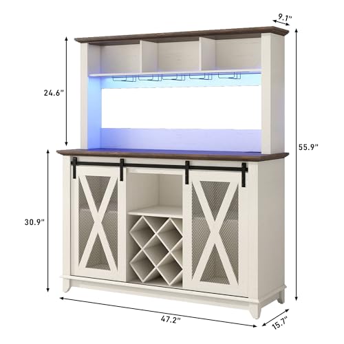 Image of 47 inchWide 56 inchH Farmhouse Coffee Bar Cabinet with Power Outlet and LED Light,Wine Bar Cabinet w /3 Storage Hutch,Kitchen Buffet Cabinet with 10 Wine and Glass Racks for Kitchen Dining Room(Antique White)