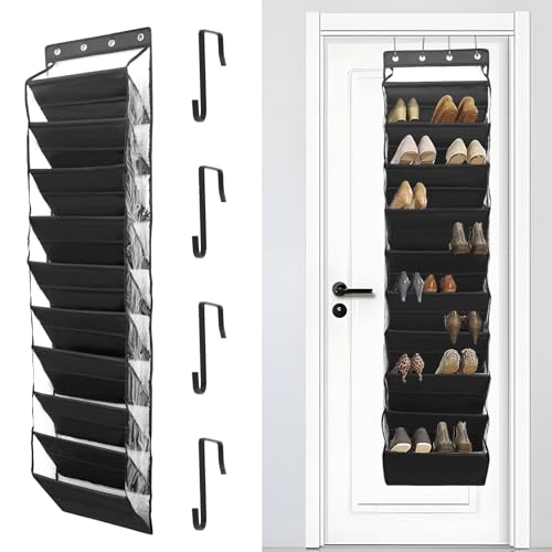 WHSUNVO Over The Door Shoe Organizer for Closet Door 10 Tier Cloth Hanging Shoe Rack Vertical Deep Pockets Closet Shoe Organizer with 4 Hooks for Sneakers Boots