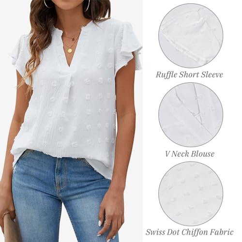 Satohom Camisa de gasa para mujer, manga corta con volantes, para verano, playa, vintage, cuello en V, blusa casual suelta para mujer, camiseta básica para mujer elegante, color blanco, negro, rosa