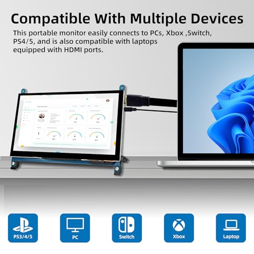 Image of 7 Inch LCD Touch Screen, 1024x600 IPS Display with Stand, HDMI Portable Monitor for Raspberry Pi 5 /4B /3B+ /3B /B+ /Zero /400, BB Black, Windows 10 8 7, Free Driver