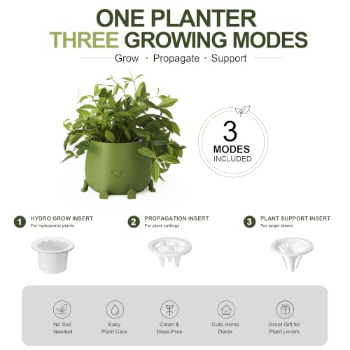 Image of 5.2 Inch Hydroponic Happy Face Planter with 3 Interchangeable Grow Baskets, Water Culture Pot for Pothos, Lucky Bamboo & Plant Propagation, Decorative Desktop Planter for Home & Office, Dark Green