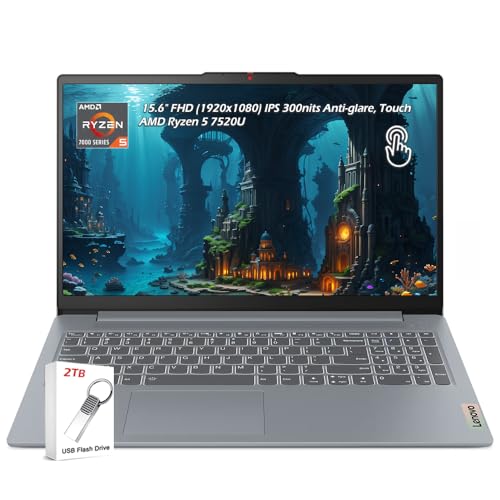 Lenovo IdeaPad Slim 3 15.6 inch FHD Touchscreen Laptop, AMD Ryzen 5 7520U Processor, 8GB DDR5 RAM, 256GB SSD, Windows 11, AMD Radeon 610M, WiFi 6, Bluetooth, Artic Grey, w/2TB Flash Drive, W/GaLiMu