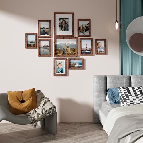Image of Vittanly Picture Frames Set of 10, Picture Frames Collage Wall Decor with Two 8x10, Four 5x7 and Four 4x6 Photo Frames, Gallery Wall Frame Set for Wall or Tabletop Display, Rustic Brown