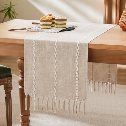 YZJZEDS Braided Farmhouse Table Runner,Braided Taupe 13x72 Inch, Cotton Linen Table Runners 72 Inches Long, Embroidered Striped Taupe Boho Table Runner Rustic Home Decor