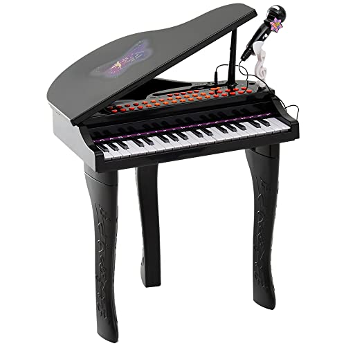 HOMCOM - Piano de cola electrónica de 37 teclas multifunción con micrófono altavoz, taburete, luz LED, función de grabación y corrección, instrumento musical infantil de 3 a 6 años, color negro