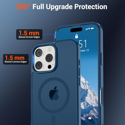 Image of SUPFINE Magnetic for iPhone 16 Pro Max Case with Screen Protector (Compatible with MagSafe) (Military Grade Drop Protection) Translucent Matte Shockproof with Anti-Fingerprint Phone Case,Deep Blue