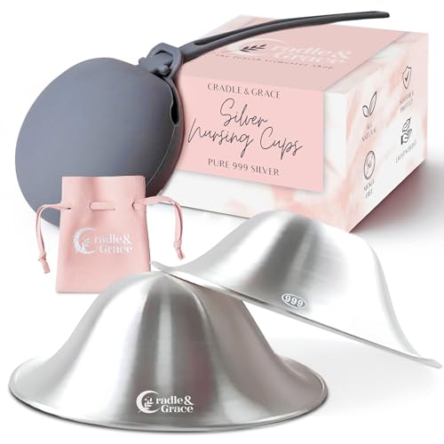 Image of Cradle & Grace Pure 999 Silver Nursing Cups with Gray Carrying Case, Silver Nipple Shields for Breastfeeding Newborn, Silver Nipple Covers Breastfeeding Kit, Regular