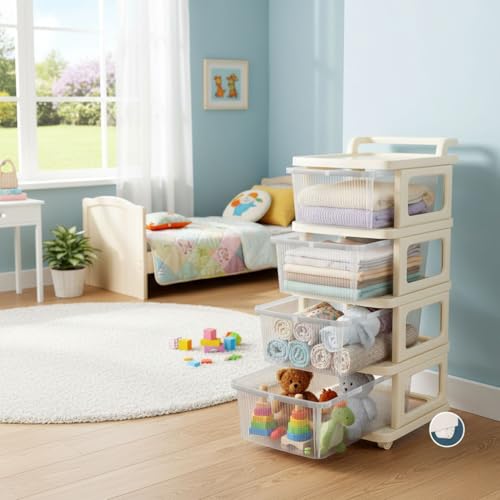 Image of Aliensware 4Layer Plastic Storage Drawer Organizer with Wheels, Modular Cabinet for Home, Office, School, Hospital, Parlor, Morden Kitchen,Clothes, Toys Organiser for Kids Room-Aliens-Clear Ivory