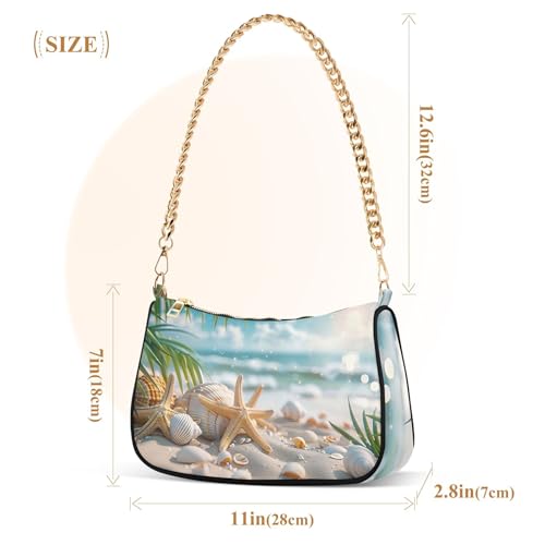 Summer Starfish Seashells Beach Print Shoulder Purses for Women Small Hobo Purse Chain Strap Zipper Wallet Purses3